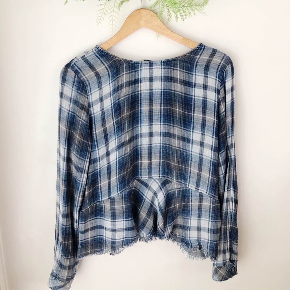 Cloth & Stone Blue Gauze Plaid with Peplum Raw Hem